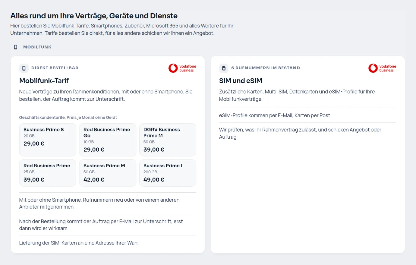 Kundenportal, Ansicht Bestellen: Zubehör, Geräte mieten, Geräte & MDM, Microsoft 365, Security
