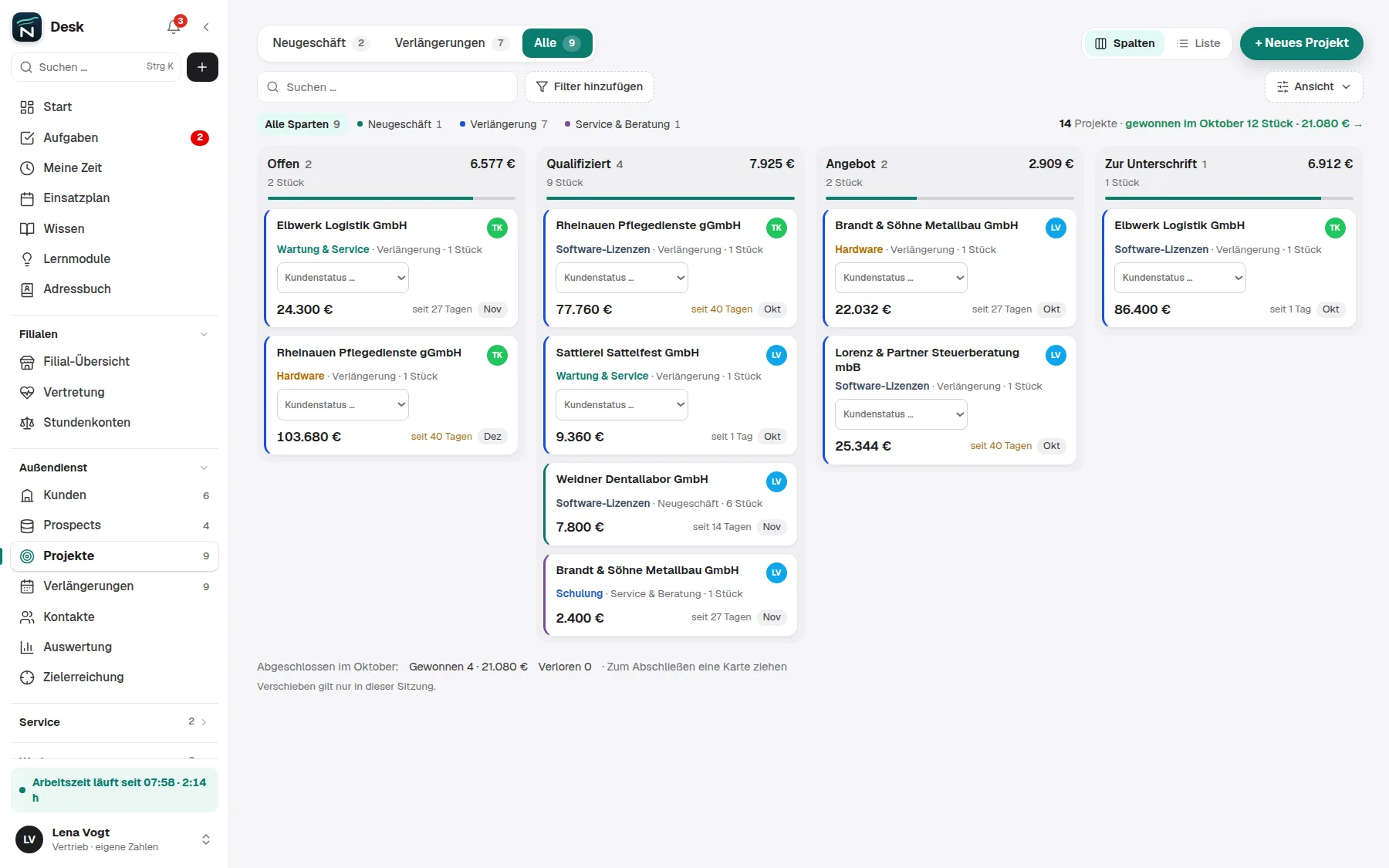 ERP-System, Projekte und Aufträge als Spalten